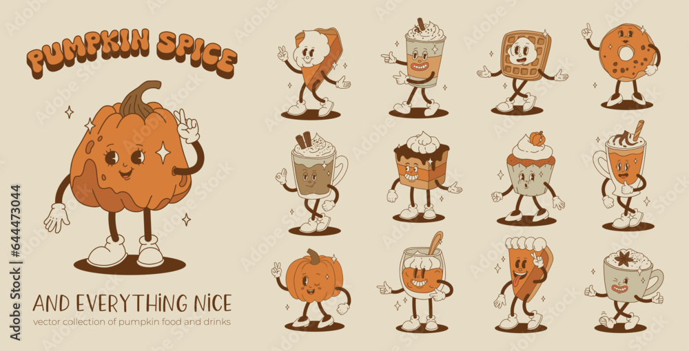 Obraz premium Funny Retro cartoon Pumpkin Character in groovy 50s, 60s, 70s Vintage Style. Happy Autumn mascot with pumpkin spice latte, pumpkin pie, pudding, cake, cupcake, waffles, donut and coffee.
