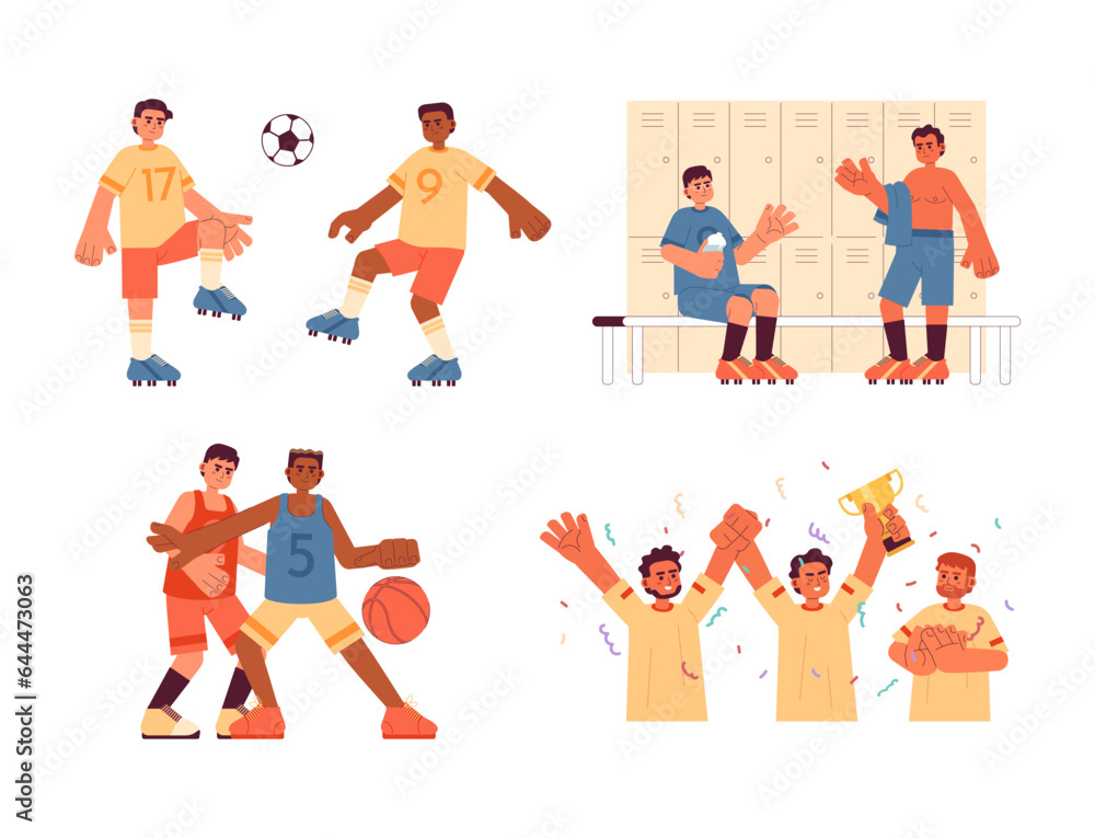 Team sport flat concept vector spot illustrations set. Championship. Playing football. Winning 2D cartoon characters on white for web UI design. Isolated editable creative hero image collection