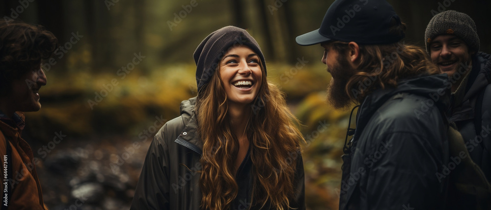 portrait of a couple of friends admiring nature in autumn / fall - obrazy, fototapety, plakaty 