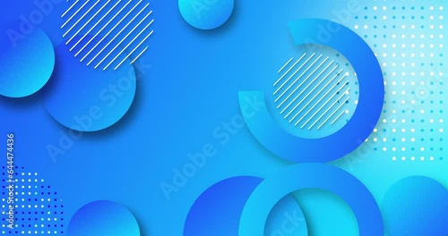 Abstract geometrical shapes animated motion graphics background. Assorted blue color circle, circle rings, dots and oulines rotating and moving over Blue background.  photo
