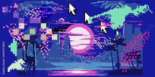 Synthwave retro 8-bit pixel art landscape with palms and moon in neon colors.