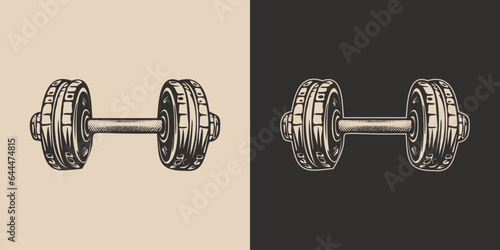 Set of vintage retro barbell. Gym fit powerlifting bodybuilding inspirational strong life power motivation. Graphic Art. Vector. Illustration