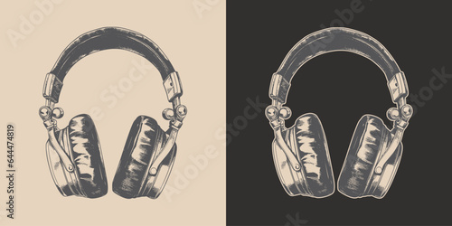 Set of vintage retro engraving stereo studio headphones. Can be used like emblem, logo, badge, label. mark, poster or print. Monochrome Graphic Art. Vector. Hand drawn element in engraving