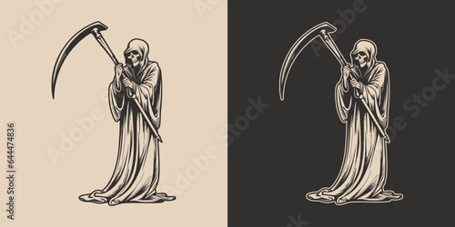 Vintage retro Halloween reaper death with scythe scary horror element. Monochrome Graphic Art. Vector. Hand drawn element in engraving. style