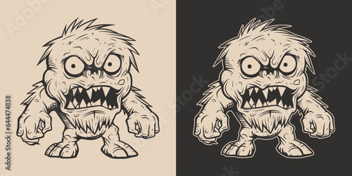 Vintage retro Halloween monster beast spooky scary horror element. Monochrome Graphic Art. Vector. Hand drawn element in engraving. style