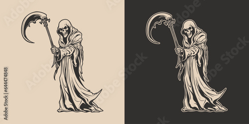 Vintage retro Halloween reaper death with scythe scary horror element. Monochrome Graphic Art. Vector. Hand drawn element in engraving. style