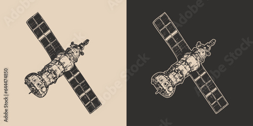 Fototapeta Naklejka Na Ścianę i Meble -  Set of vintage space galaxy adventure spy explore satellite. future adventure science. Graphic Art. Illustration