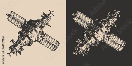 Set of vintage space galaxy adventure spy explore satellite. future adventure science. Graphic Art. Illustration