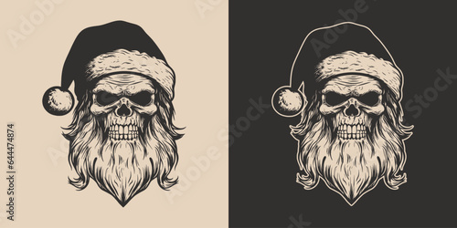 Set of vintage retro tattoo bad scary horror spooky skull skeleton santa claus in hat. Merry christmas xmas new year holiday halloween poster. Graphic Art. Engraving vector style