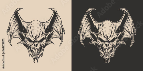 Vintage retro Halloween bat bird skull anatomy head spooky scary horror element. Monochrome Graphic Art. Vector. Hand drawn element engraving.