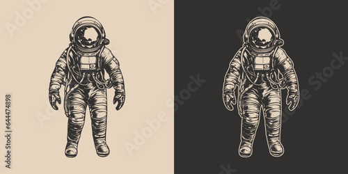 Set of vintage retro astronaut nasa future space adventure explore. Galaxy science trip. Graphic Art. Vector
