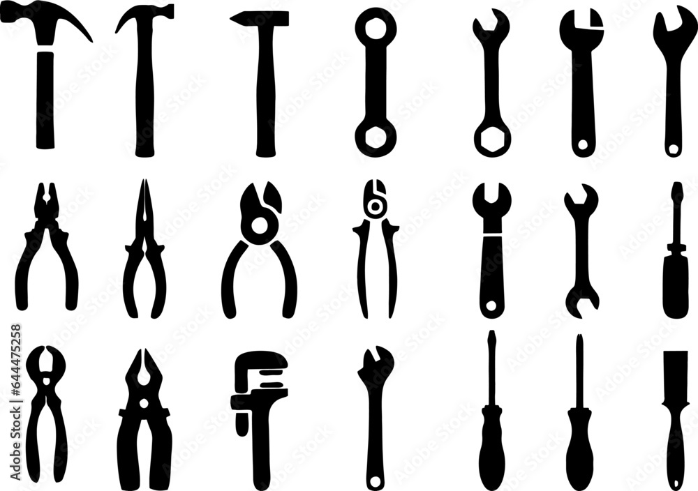 Working tools icon set. Tools silhouette. Repair and construction tools. Workshop equipment. Editable vector, easy to change color or size. eps 10.