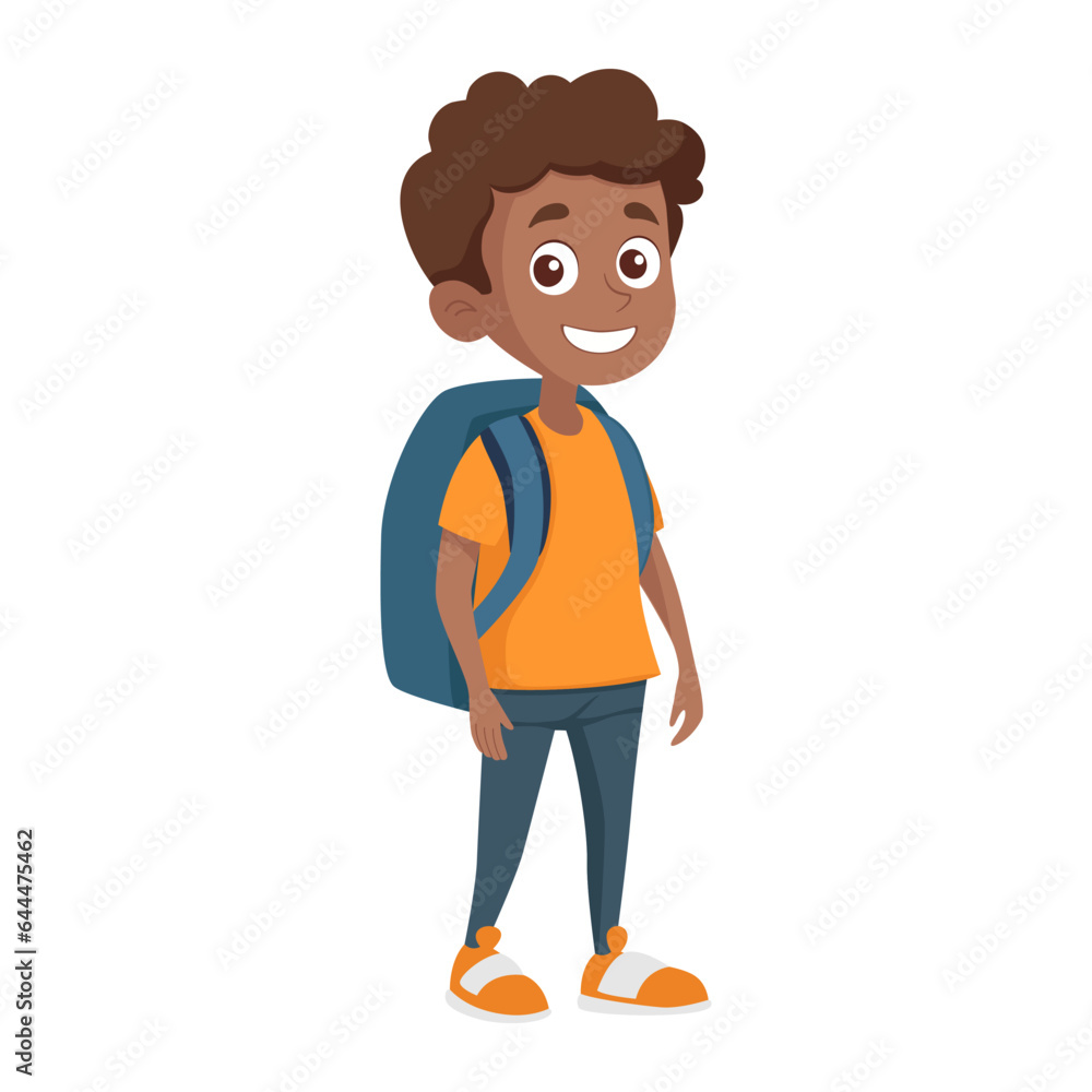 Boy with backpack going to school. Pupil cartoon character. Back to school concept. Isolated vector illustration