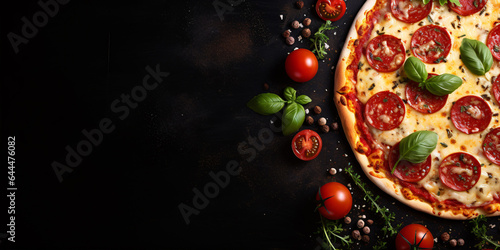 Tomatoes, cheese, and sauce atop a pizza against a black stone surface. Ideal for web banners, restaurant menus, or showcasing recipes