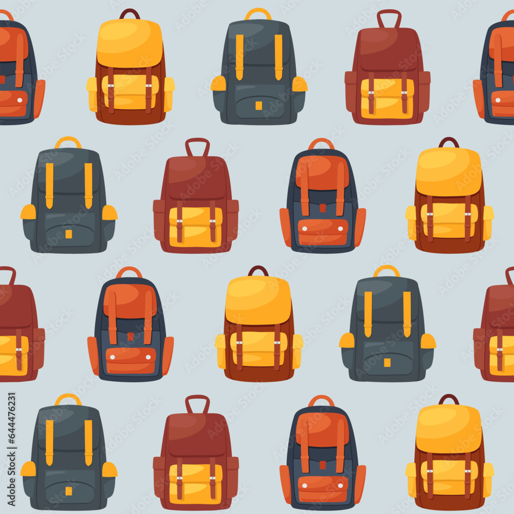 Seamless pattern of backpacks, school bags in cartoon flat style. Colorful travel bags on blue background Seamless pattern of backpacks, school bags in cartoon flat style. Colorful travel bags on blue background