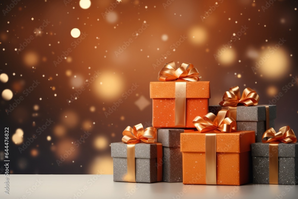 Photo of christmas gift boxes with bows on a festive background - created with Generative AI technology Photo of christmas gift boxes with bows on a festive background - created with Generative AI technology