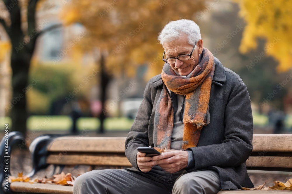 Old grizzled man looks at the smartphone sitting on public bench on autumn day. Generative AI Old grizzled man looks at the smartphone sitting on public bench on autumn day. Generative AI