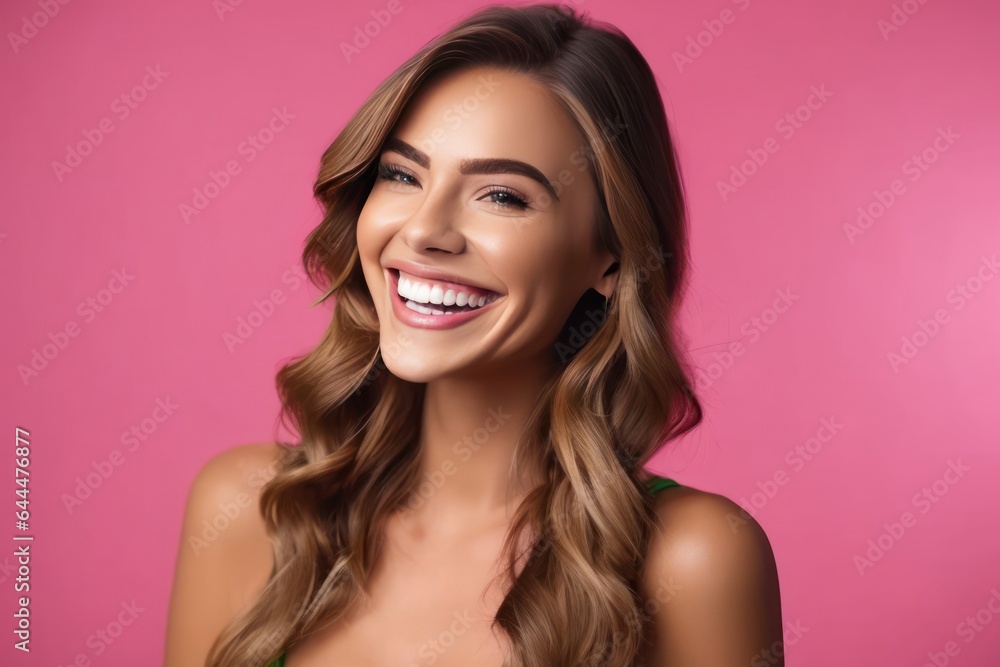 Portrait beautiful model woman with white teeth smile, healthy long hair and beauty skin on pink background. Concept of advertising dentist and facial care. Generative AI Portrait beautiful model woman with white teeth smile, healthy long hair and beauty skin on pink background. Concept of advertising dentist and facial care. Generative AI