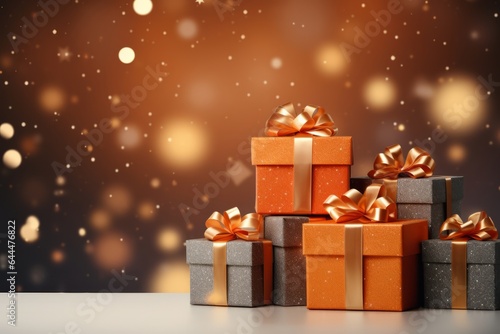 Photo of christmas gift boxes with bows on a festive background - created with Generative AI technology © AI Visual Vault