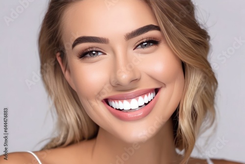 Portrait beautiful brunette model woman with white teeth smile, healthy long hair and beauty skin on grey background. Concept of advertising dentist and facial care. Generative AI