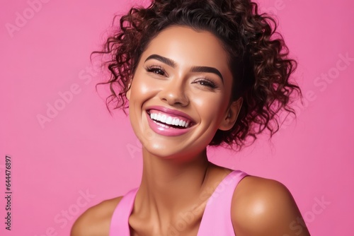 Portrait beautiful model woman with white teeth smile, healthy long hair and beauty skin on pink background. Concept of advertising dentist and facial care. Generative AI