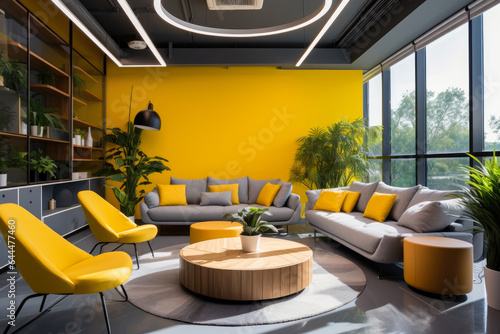A Vibrant Oasis: An Office Interior Bursting with Yellow Colors