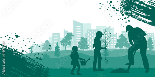 Green city. Planting trees by people in park. Landscaping of town. Banner design. Vector illustration