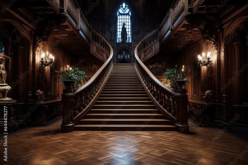 A Captivating Journey Through a Majestic Gothic Style Hallway Interior, Adorned with Intricate Details and Mysterious Atmosphere