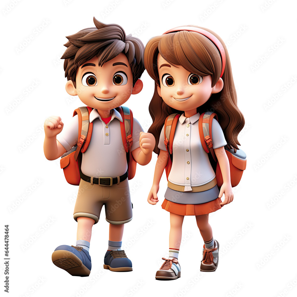 3D cartoon happy boy and girl character on transparent background ...