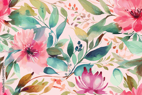 Vector art beautiful seamless pattern flowers and leaves watercolor.