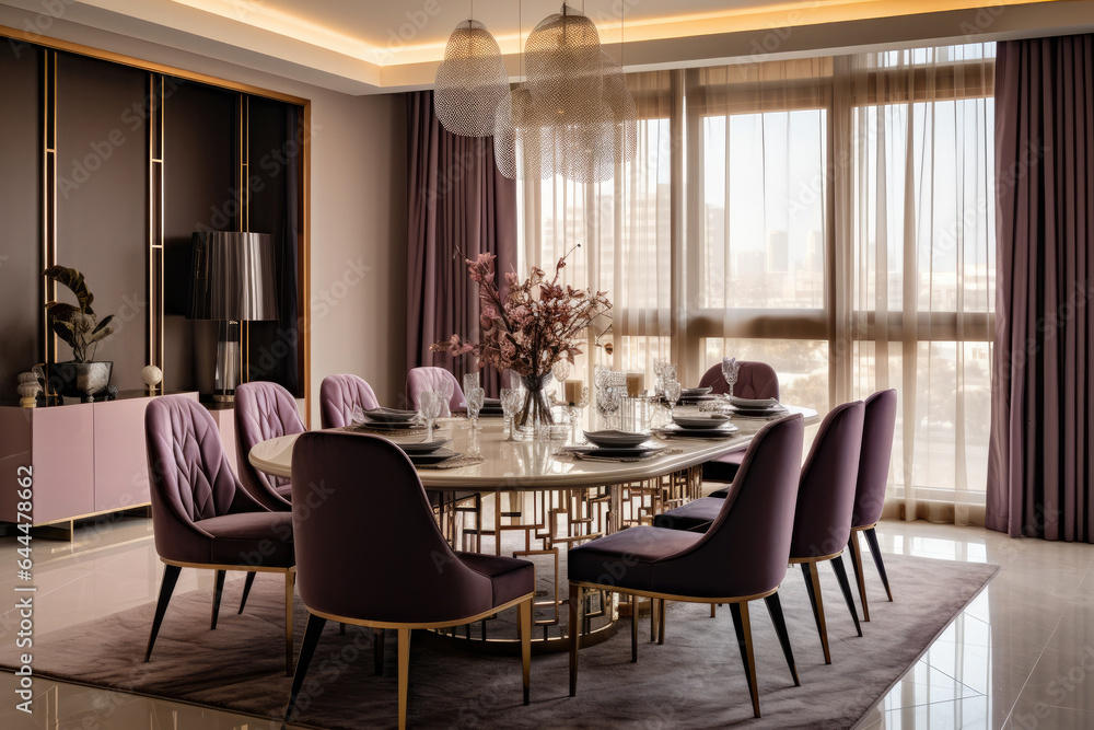 A Luxurious Modern Dining Room in Elegant Plum and Gold Colors with Sleek Furnishings and Stylish Decor