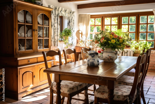 Charming Country Dining Room with Rustic Furniture and Delicate Floral Patterns, Creating a Cozy and Inviting Atmosphere