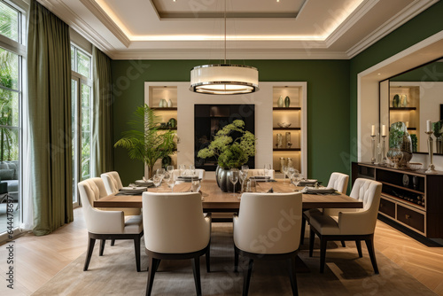 A Luxurious Modern Dining Room in Olive Green and Cream Colors, Featuring Elegant Furniture and Stylish Decor © aicandy
