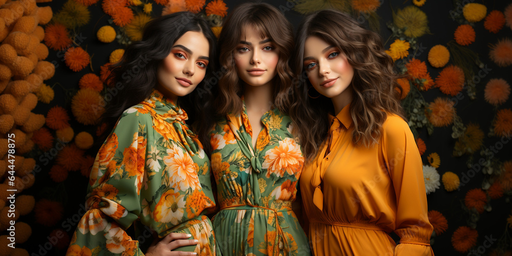 Drei super schöne Geschäftsfrauen im Business Outfit mit dekorativen Hintergrund im Querformat für Banner, ai generativ 