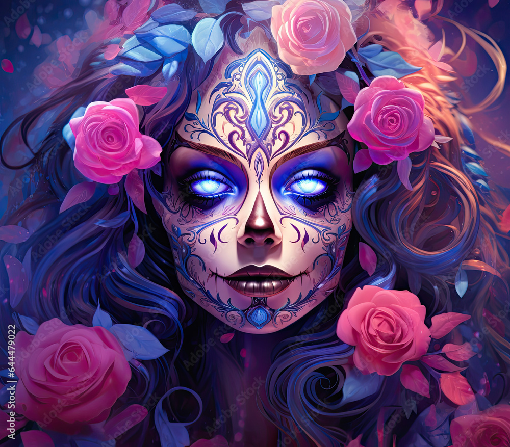 A colorful day of the dead girl skull with flowers roses