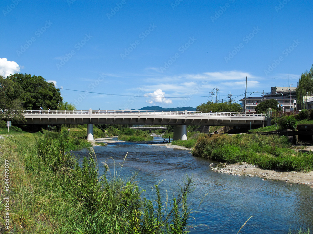 京都の観光名所の鴨川デルタから見る高野川と河合橋