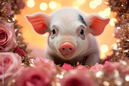 Cute pig with beautiful roses around, fairy lights 
