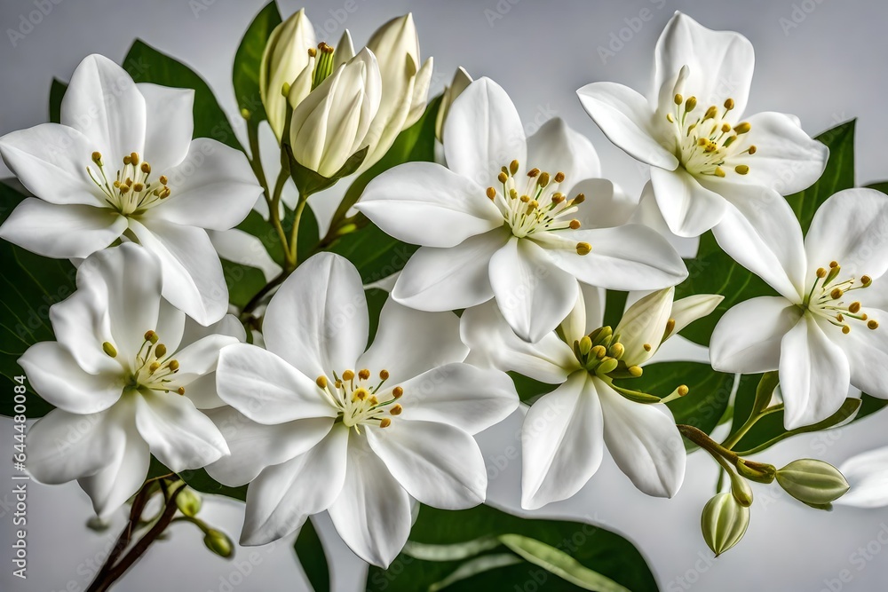 A still life close up shot of Jasmine flowers. The composition is a symphony of whites and greens, with the flowers standing as graceful notes on nature's staff - AI Generative A still life close up shot of Jasmine flowers. The composition is a symphony of whites and greens, with the flowers standing as graceful notes on nature's staff - AI Generative