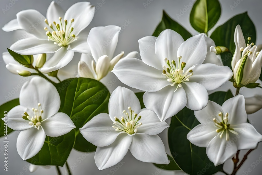 A still life close up shot of Jasmine flowers. The composition is a symphony of whites and greens, with the flowers standing as graceful notes on nature's staff - AI Generative