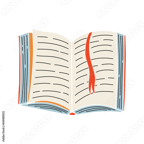 Vector illustration of opened book with bookmark. Symbol of literature and education. Doodle style single object isolated on transparent background.