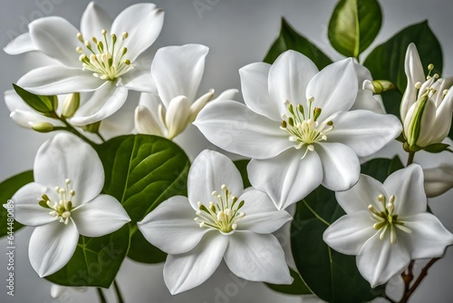 A still life close up shot of Jasmine flowers. The composition is a symphony of whites and greens, with the flowers standing as graceful notes on nature's staff - AI Generative © Being Imaginative