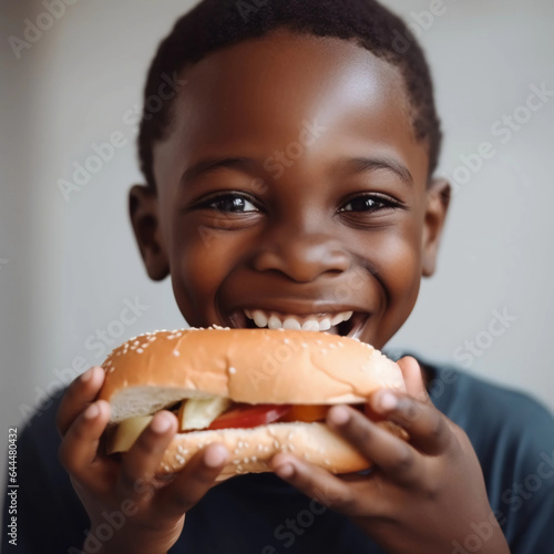 Sandwich day. A black  cheerful boy holds a large sandwich in his hands. Close-up. Fast food. Unhealthy food