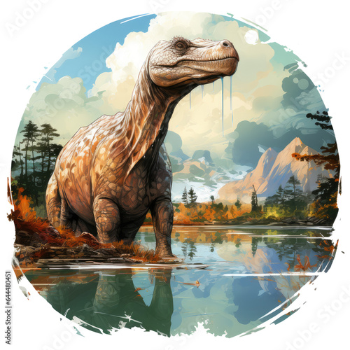 A serene Dinosaur t-shirt design capturing a tranquil moment of a lone  majestic sauropod dinosaur wading through a calm  Generative Ai