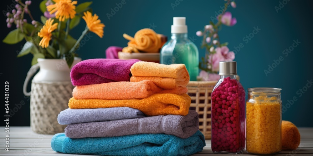 bright colored clean towels in the bathroom. Generative AI bright colored clean towels in the bathroom. Generative AI