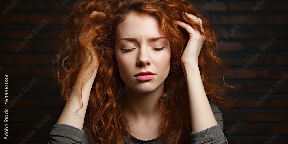 girl suffers from headache, stress due to pain and migraine. Hands on the head. Generative AI girl suffers from headache, stress due to pain and migraine. Hands on the head. Generative AI