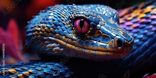 horizontal macro shot of the head of a blue-violet snake. Generative AI
