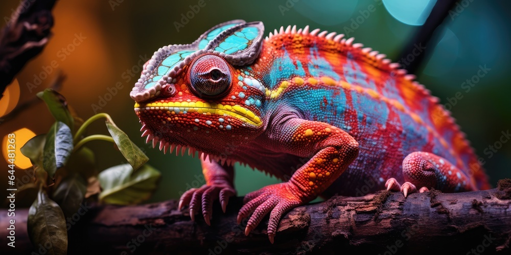 A bright spotted chameleon sits on a branch, against a dark background. Generative AI