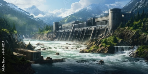 Image of a hydroelectric dam, as source of energy the movement of water. Generative AI photo