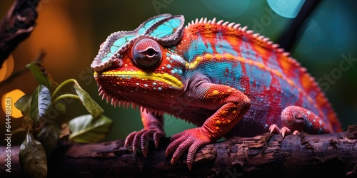 A bright spotted chameleon sits on a branch  against a dark background. Generative AI