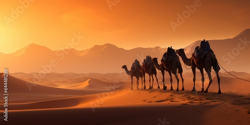 silhouettes of camels the dunes of the desert, sunset in the desert. Generative AI